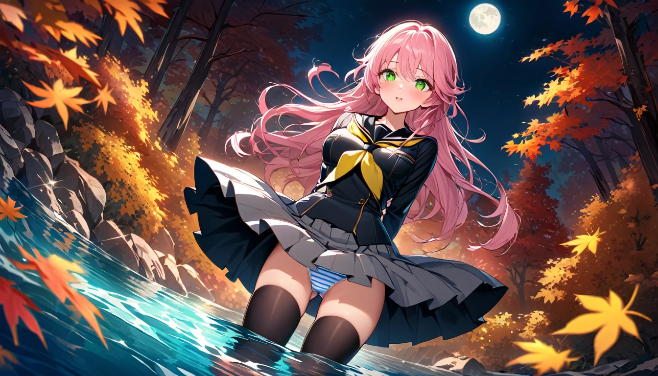 The image is of a beautiful woman wearing a tight fitting uniform. The woman has long flowing pink hair with strands of braided hair tied with red ribbon throughout. She has gorgeous green eyes that shine like emeralds. Her face is youthful and gorgeous. Her breasts are ample and seem too large for her uniform. She is short in height but well developed -a short stack. She blushes as you look at her. She's standing in an autumnal forest. In the distance is a serene body of water. It's night time and a full moon lights the scene. A gentle breeze suspends fallen autumn leaves around her. The wind lifts up her skirt revealing her blue and white striped panties. The image is ultra detailed with gorgeous colors, perfect line work, and detailed shading. The image really portrays the sexiness of the character. YasogamiFemaleWinter, black shirt, long sleeves, black sailor collar, yellow neckerchief, grey skirt, black thighhighs, autumn, serene water, lifted skirt, panty reveal, night time, gentle breeze,