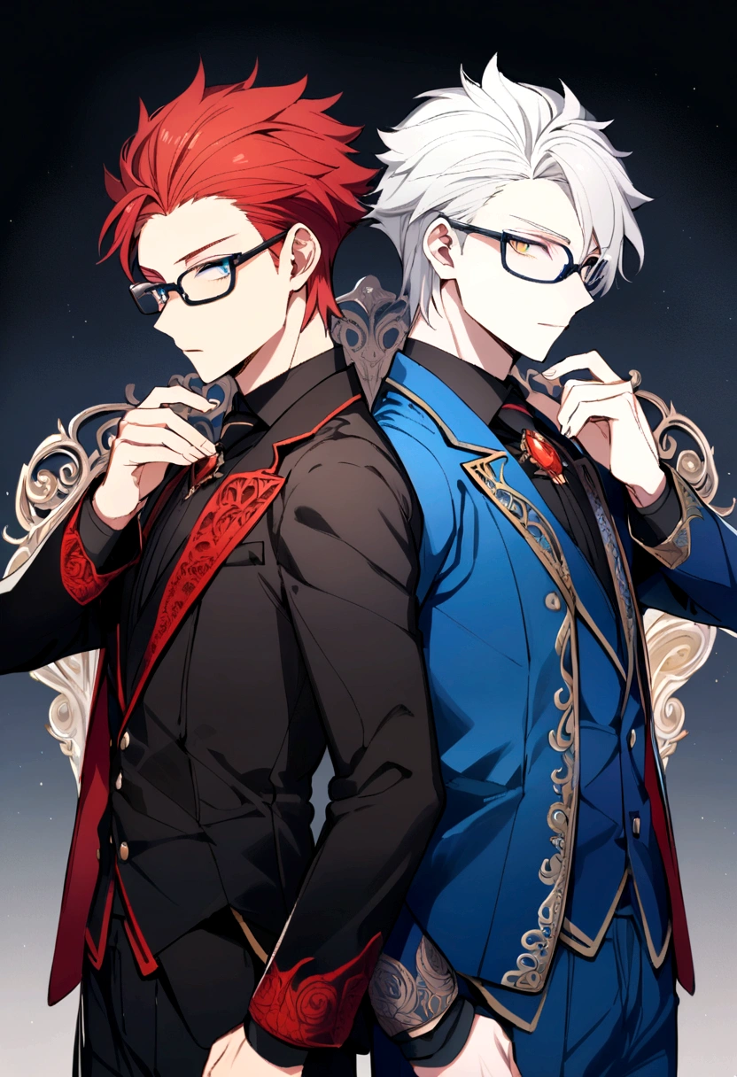 A couple of young men, one looking older, white hair, wearing a black suit, one wearing glasses and red hair. Wear a blue suit