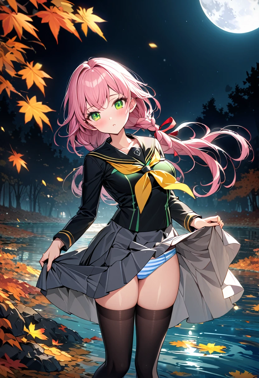 The image is of a beautiful woman wearing a tight fitting uniform. The woman has long flowing pink hair with strands of braided hair tied with red ribbon throughout. She has gorgeous green eyes that shine like emeralds. Her face is youthful and gorgeous. Her  are ample and seem too large for her uniform. She is short in height but well developed -a short stack. She blushes as you look at her. She's standing in an autumnal forest. In the distance is a serene body of water. It's night time and a full moon lights the scene. A gentle breeze suspends fallen autumn leaves around her. The wind lifts up her skirt revealing her blue and white striped . The image is ultra detailed with gorgeous colors, perfect line work, and detailed shading. The image really portrays the sexiness of the character. YasogamiFemaleWinter, black shirt, long sleeves, black sailor collar, yellow neckerchief, grey skirt, black thighhighs, autumn, serene water, lifted skirt,  reveal, night time, gentle breeze, 