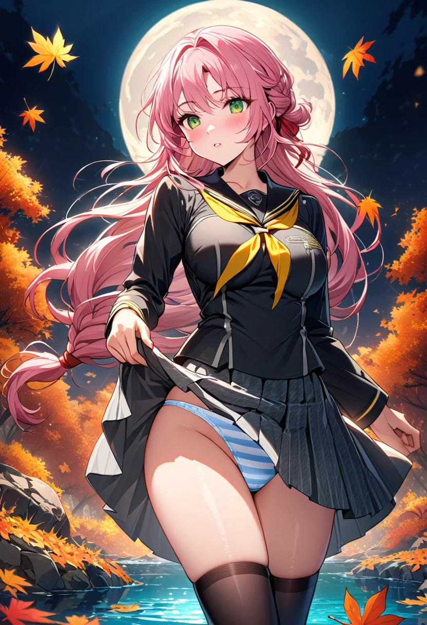 The image is of a beautiful woman wearing a tight fitting uniform. The woman has long flowing pink hair with strands of braided hair tied with red ribbon throughout. She has gorgeous green eyes that shine like emeralds. Her face is youthful and gorgeous. Her breasts are ample and seem too large for her uniform. She is short in height but well developed -a short stack. She blushes as you look at her. She's standing in an autumnal forest. In the distance is a serene body of water. It's night time and a full moon lights the scene. A gentle breeze suspends fallen autumn leaves around her. The wind lifts up her skirt revealing her blue and white striped . The image is ultra detailed with gorgeous colors, perfect line work, and detailed shading. The image really portrays the sexiness of the character. YasogamiFemaleWinter, black shirt, long sleeves, black sailor collar, yellow neckerchief, grey skirt, black thighhighs, autumn, serene water, lifted skirt,  reveal, night time, gentle breeze, 