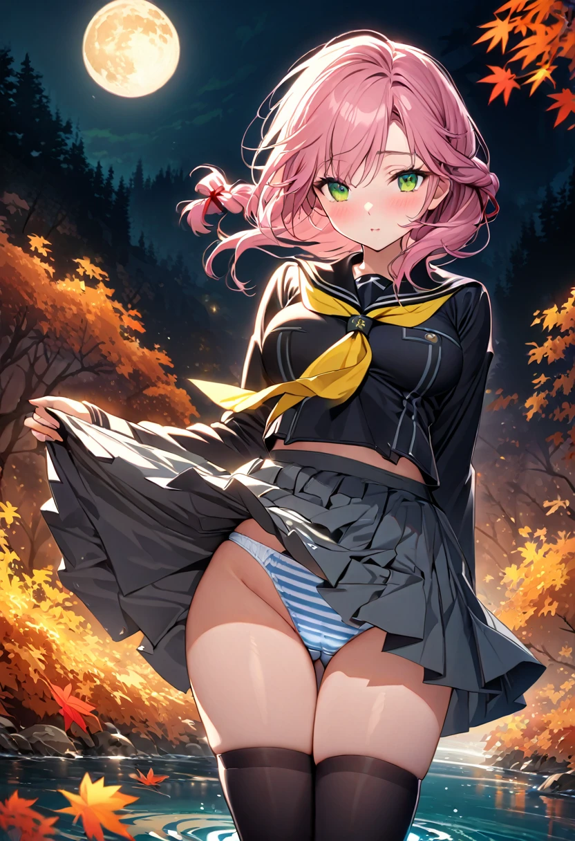 The image is of a beautiful woman wearing a tight fitting uniform. The woman has long flowing pink hair with strands of braided hair tied with red ribbon throughout. She has gorgeous green eyes that shine like emeralds. Her face is youthful and gorgeous. Her  are ample and seem too large for her uniform. She is short in height but well developed -a short stack. She blushes as you look at her. She's standing in an autumnal forest. In the distance is a serene body of water. It's night time and a full moon lights the scene. A gentle breeze suspends fallen autumn leaves around her. The wind lifts up her skirt revealing her blue and white striped . The image is ultra detailed with gorgeous colors, perfect line work, and detailed shading. The image really portrays the sexiness of the character. YasogamiFemaleWinter, black shirt, long sleeves, black sailor collar, yellow neckerchief, grey skirt, black thighhighs, autumn, serene water, lifted skirt,  reveal, night time, gentle breeze, 