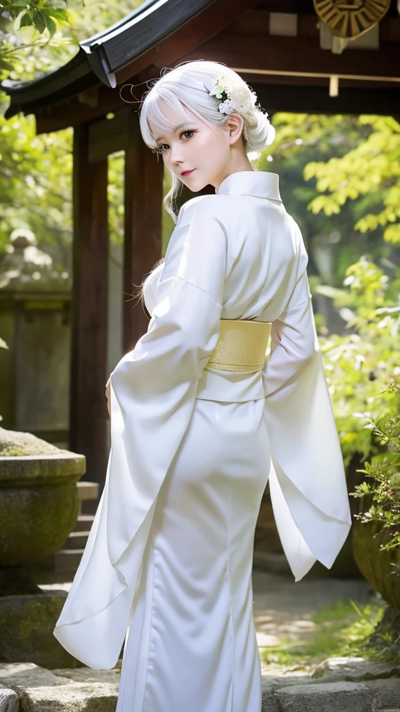 White fox beauty、Pale skin、tail、shrine、8K、Kimono、Look forward、The Big Picture
