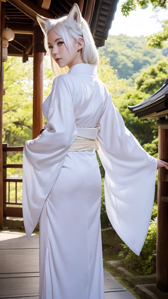 White fox beauty、Pale skin、tail、shrine、8K、Kimono、Look forward、The Big Picture