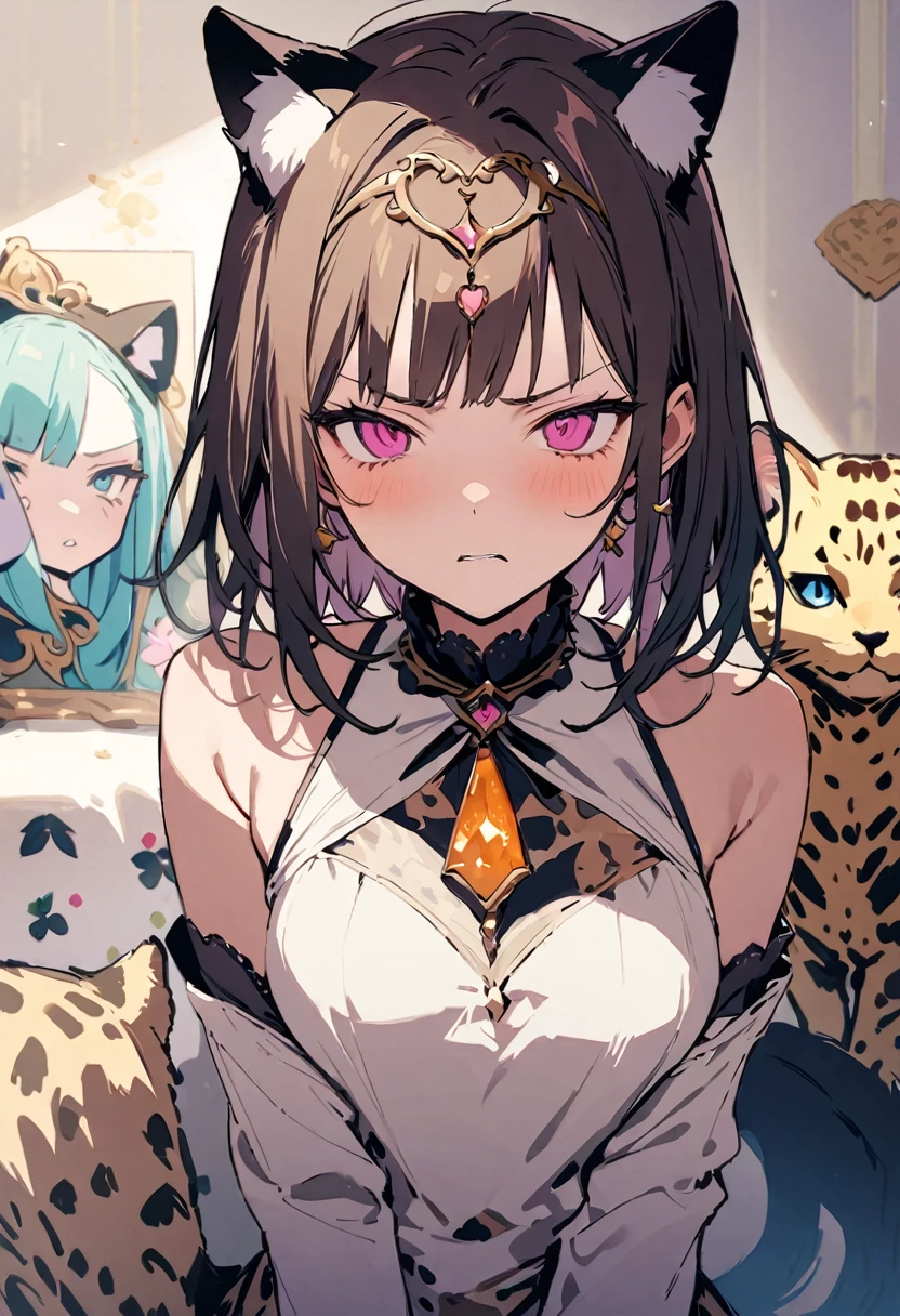 masterpiece, Highest quality, Illustration of the novel, High resolution, 18+ Adult content, Sensual, Intimate, Emotional, Passionate, romantic, sweet, Adorable, Innocent, Pure, charmな, charmな, charm, mysterious, charmな, charmな, Immersive, charmな, dream-like, Surreal, Imaginative, Whimsical, Artistic, Avant-garde, timeless, elegant, Sophisticated, chic, Sophisticated, Personality, original, charmな,(Cheetah Dress:1.3),((A look of disgust:1.3))、Upper Body、(a bit)