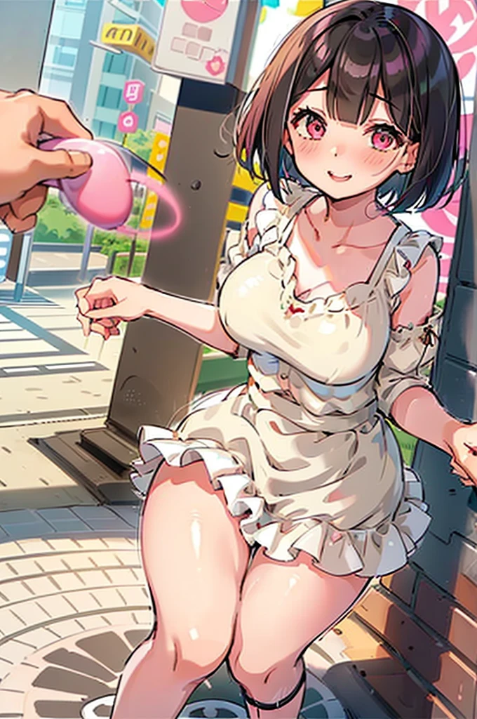 4K,One Girl, MS. end,thin,Very short stature,Very thin thighs,Blunt bangs,Short dress shirt, Half sleeves,Red Suspender Mini Skirt,blush, smile, Bobcut, Black Hair,Vibrant colors, ahegao,A lot of love juice drips down her thighs onto the floor,(remote_play)),remote-vibrating-egg,((Someone else's hand holding a pink round remote control:1.3))、Ecstatic expression,Accurate and detailed female fingers,nsfw,blush,,masterpiece,12yo