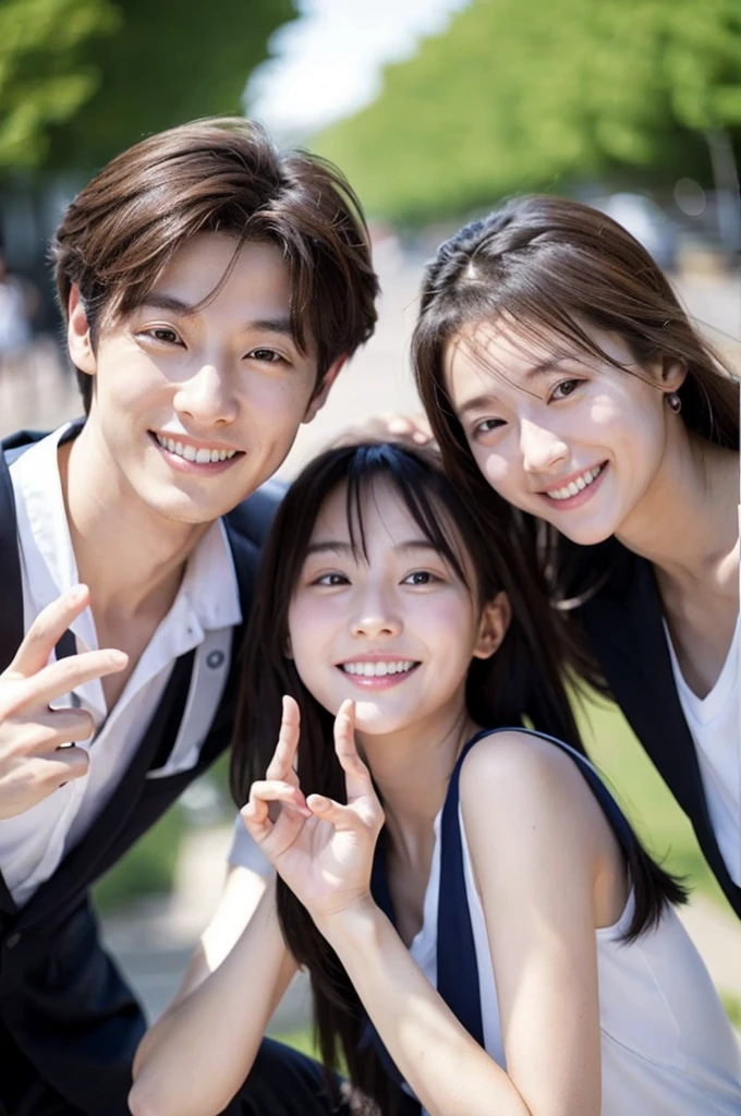 Des amis korean pose pour une photo, un air agréable, il on l'air responsable les uns des autres. Ils sont charismatiques, très bien détaillés, beaux visages, beaux yeux. À côté d'un lycée coréen.