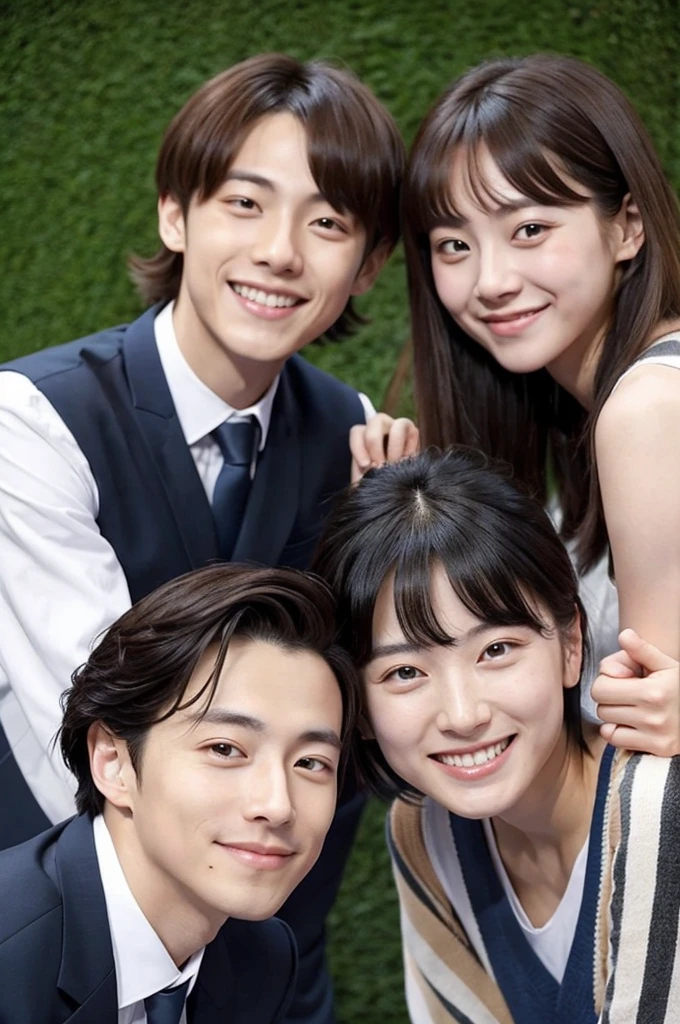 Des amis korean pose pour une photo, un air agréable, il on l'air responsable les uns des autres. Ils sont charismatiques, très bien détaillés, beaux visages, beaux yeux. À côté d'un lycée coréen.