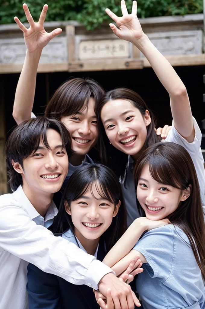 Des amis korean pose pour une photo, un air agréable, il on l'air responsable les uns des autres. Ils sont charismatiques, très bien détaillés, beaux visages, beaux yeux. À côté d'un lycée coréen.