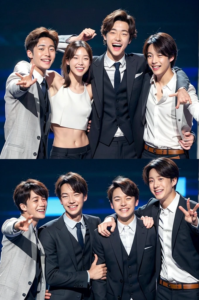 Des amis korean pose pour une photo, un air agréable, il on l'air responsable les uns des autres. Ils sont charismatiques, très bien détaillés, beaux visages, beaux yeux. À côté d'un lycée coréen.