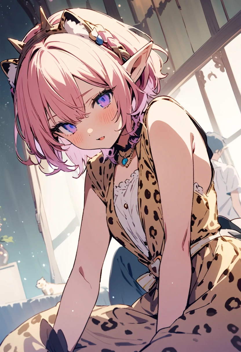 masterpiece, Highest quality, Illustration of the novel, High resolution, 18+ Adult content, Sensual, Intimate, Emotional, Passionate, romantic, sweet, Adorable, Innocent, Pure, charmな, charmな, charm, mysterious, charmな, charmな, Immersive, charmな, dream-like, Surreal, Imaginative, Whimsical, Artistic, Avant-garde, timeless, elegant, Sophisticated, chic, Sophisticated, Personality, original, charmな,((Loli Elf:1.3)),(Cheetah Dress:1.3)、Upper Body、(a bit)