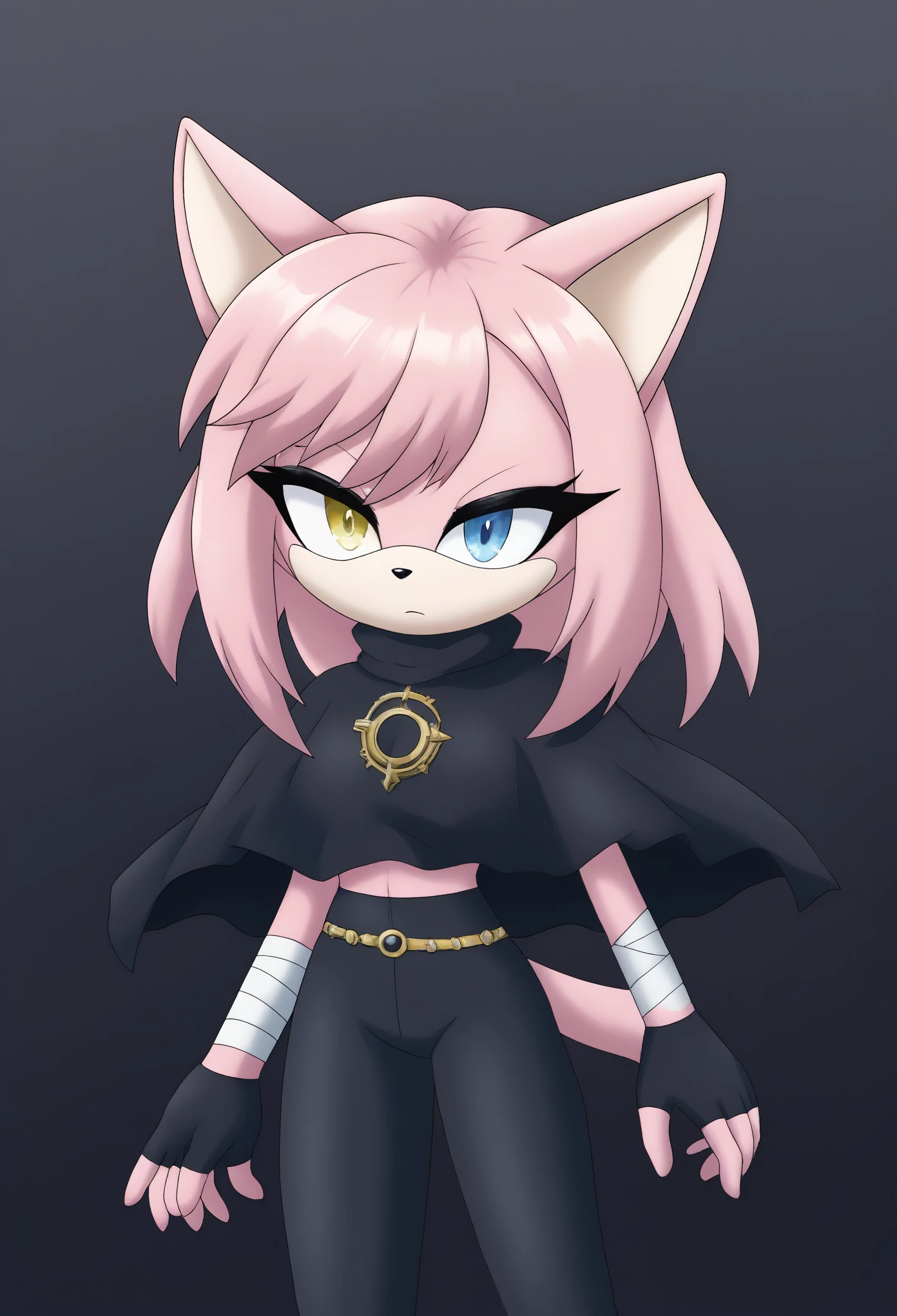 (1girl), (solo), Female Cat, pink fur, (blonde hair), long hair, lower back length hair, large hair bangs, side locks, hair over shoulders, heterochromia, left yellow eye, right light blue eye, (black poncho), black cape, black yoga pants, black fingerless gloves, bandaged arms, eyelashes, expressionless, daytime, mobian, mobius city
