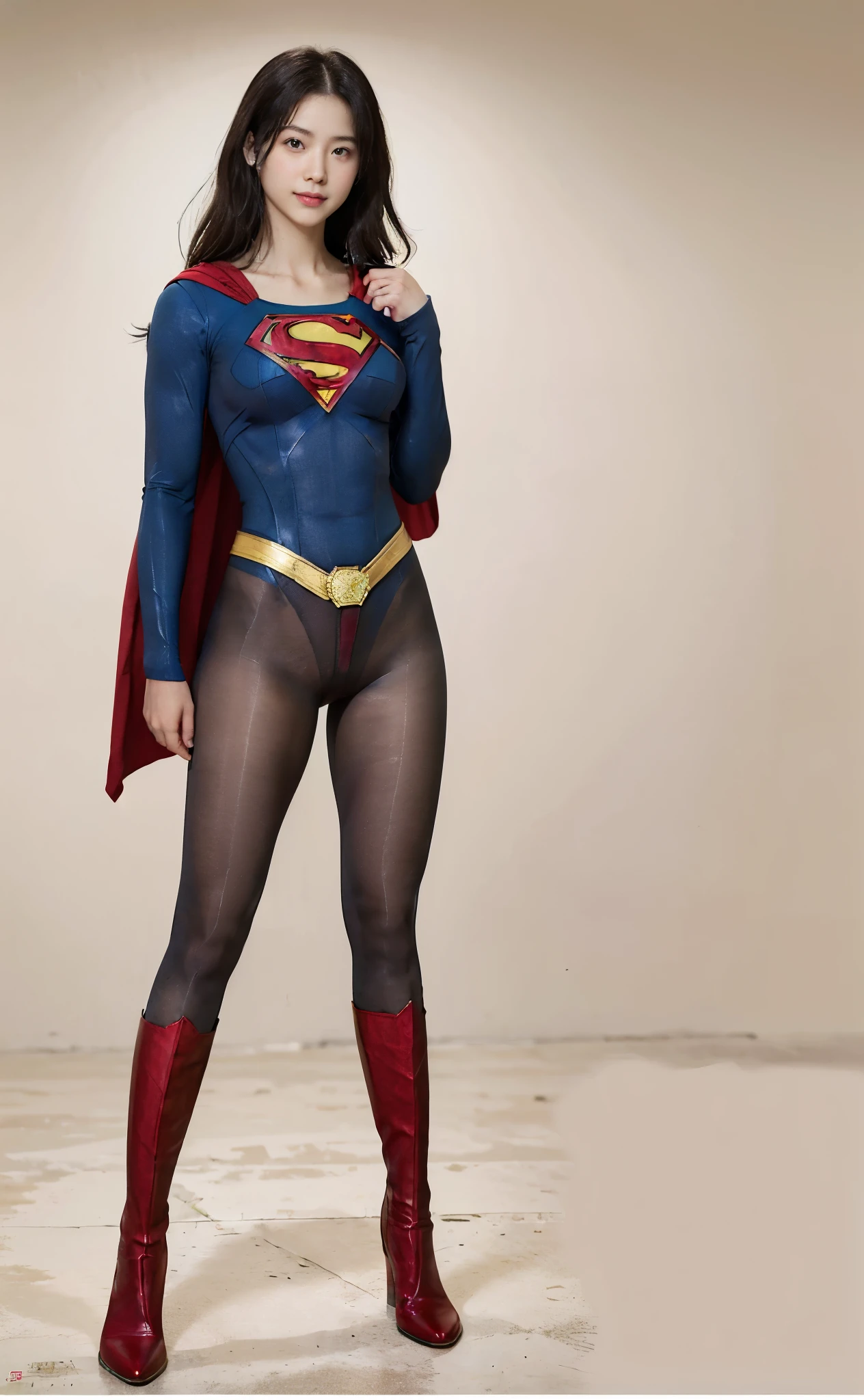 No background、(((Beautiful legs in black tights.)))、(((Legally express the beauty of your smile)))、((((Make the most of your original images)))、(((Body-hugging Supergirl costume)))、(((Supergirl Costume)))、(((Beautiful Hair)))、(((suffering)))、(((Please wear black tights....、Wear red boots)))、((Best image quality、8K))、((Highest quality、8K、masterpiece:1.3))、(((Preserve background )))、Sharp focus:1.2、Beautiful woman with perfect figure:1.4、Slim Abs:1.2、Wet body:1.5、Highly detailed face and skin texture、8K