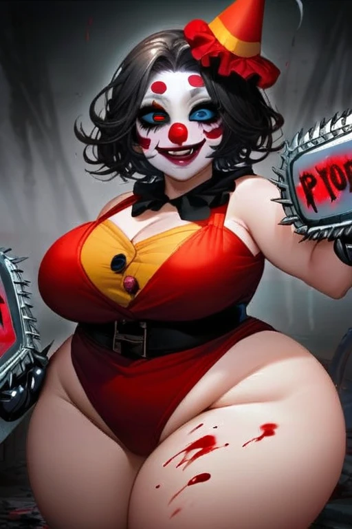 Woman dressed as a clown painted her face like a clown with a big psychopath smile and blood on her face with a chainsaw in her hands and with a fat butt