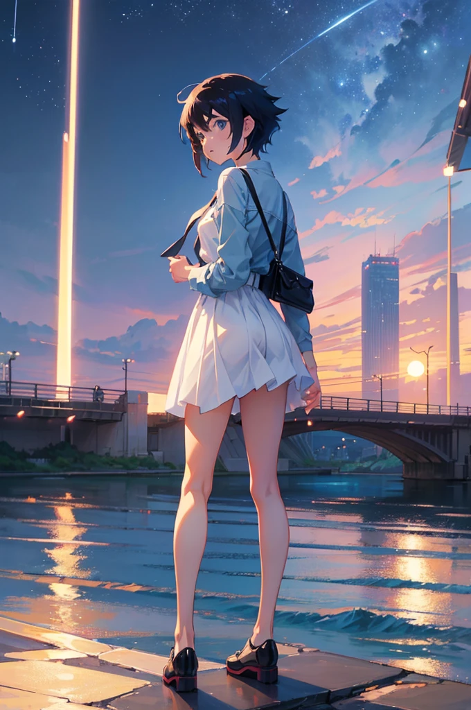 A girl standing on a bridge looking at the night sky, Anime drawings inspired by Makoto Shinkai, CG society hot topic, Sequential Art, anime art wallpaper 4k, anime art wallpaper 4k, anime wallpaper 4k, anime wallpaper 4k, Anime Style 4k, Anime Girl Desktop Backgrounds, Anime Art Wallpapers 8K, 4k anime wallpaper