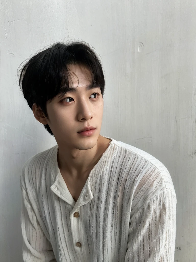 Best Quality, 8k, Masterpiece, (Portrait: 1.3), (photo realistic:1.4), (hyper realistic:1.4), Sharp Focus, looking at viewer, (smoother lighting:1.1), (increase cinematic lighting quality:0.9), realistic lighting, backlighting, light on face, ray trace, (brightening light:1.2), (Increase quality:1.4), sharp detail, (best quality real texture skin:1.4), finely detailed eyes, black_eyes, finely detailed face, 25 year old Korean man