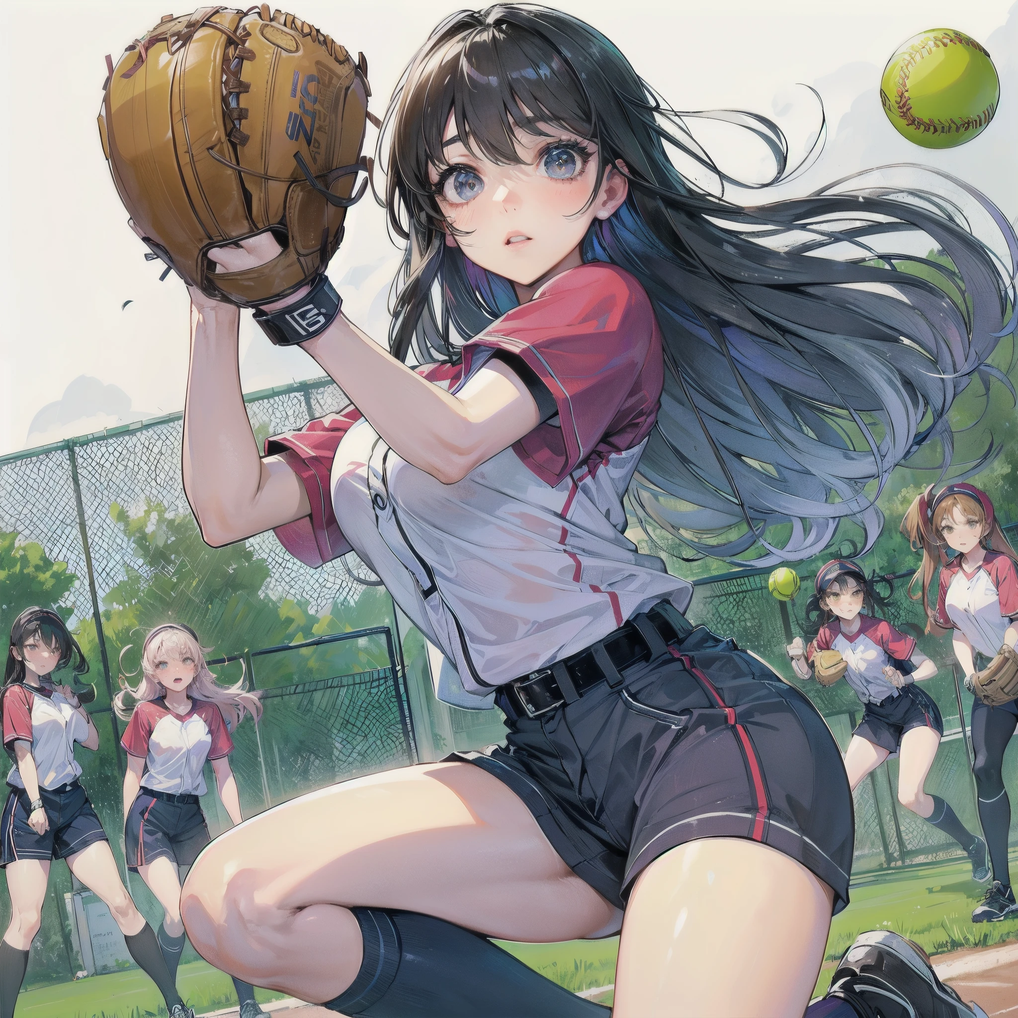  masterpiece, (textured skin), best quality, gorgeous beautiful girl, (a female softball athlete), detailed clothes,large breasts,narrow waist,, (beautiful face), cinematic lighting, (at softball venue ),