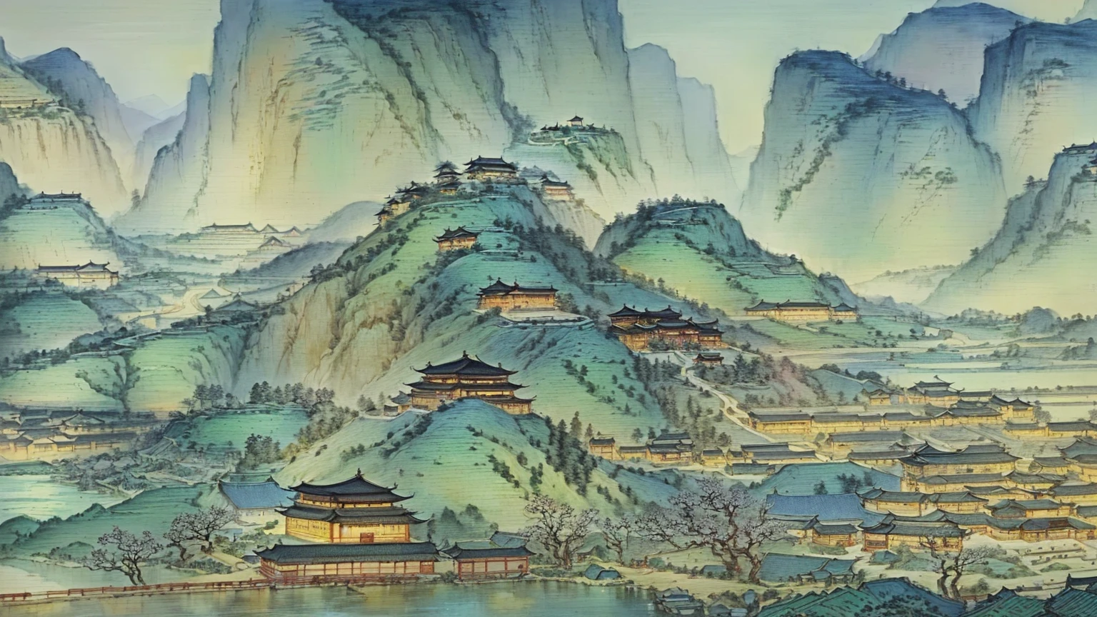 Painting of a mountain village with a river and a bridge, Chinese style景, by Yang Buzhi, Chinese painting style, Chinese Art Style, China Village, author:Wang Fu, Gong Xian, Ancient city landscape, Extremely detailed painting, Chinese style, Traditional Chinese Art, Traditional Chinese watercolor, author:Qiu Ying, by Qu Leilei