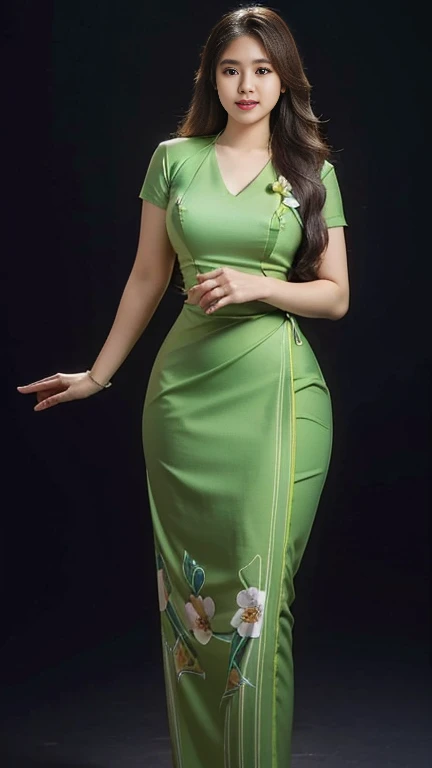Burmese girl with attractive curvy full body. Friends full-length bikini, (green dress) reflective long dress painted with flower patterns, only dress. hi gh hips High resolution High resolution natural background High resolution HD 3D, 8K cartoon anime