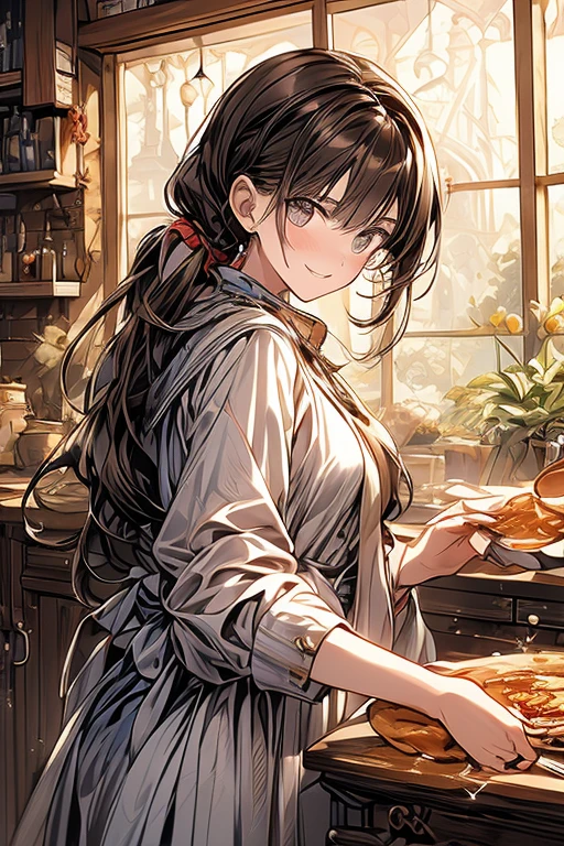 (from below:1.2),(from side:1.2),full body,(highest quality:1.5),(8k,masterpiece, top quality, best quality,beautiful and aesthetic:1.2,professional illustrasion:1.1,ultra detail:1.3,perfect lighting),extremely detailed,highest detailed,incredibly absurdres , highres, ultra detailed,intricate:1.3,(Alchemy Workshop:1.4),A girl mixing,Medicine in many small bottles,colorful:1.4,zentangle,(1girl),(finely detailed beautiful eye: 1.2), (beautifull detailed face), (perky chest:1.1), (pointed chest:1.0),(highly detailed beautiful face and eyes,firm breasts),real skin,((brown hair,long pony tail hair)),thin pubic hair:1.3,cute,lovely,17 years old, learning to make a pancakes cooking, alchemist costume,smile,in the kitchen,smile,seductive weak smiling,(with sparkling eyes and a contagious smile),open mouth, Looking at Viewer,