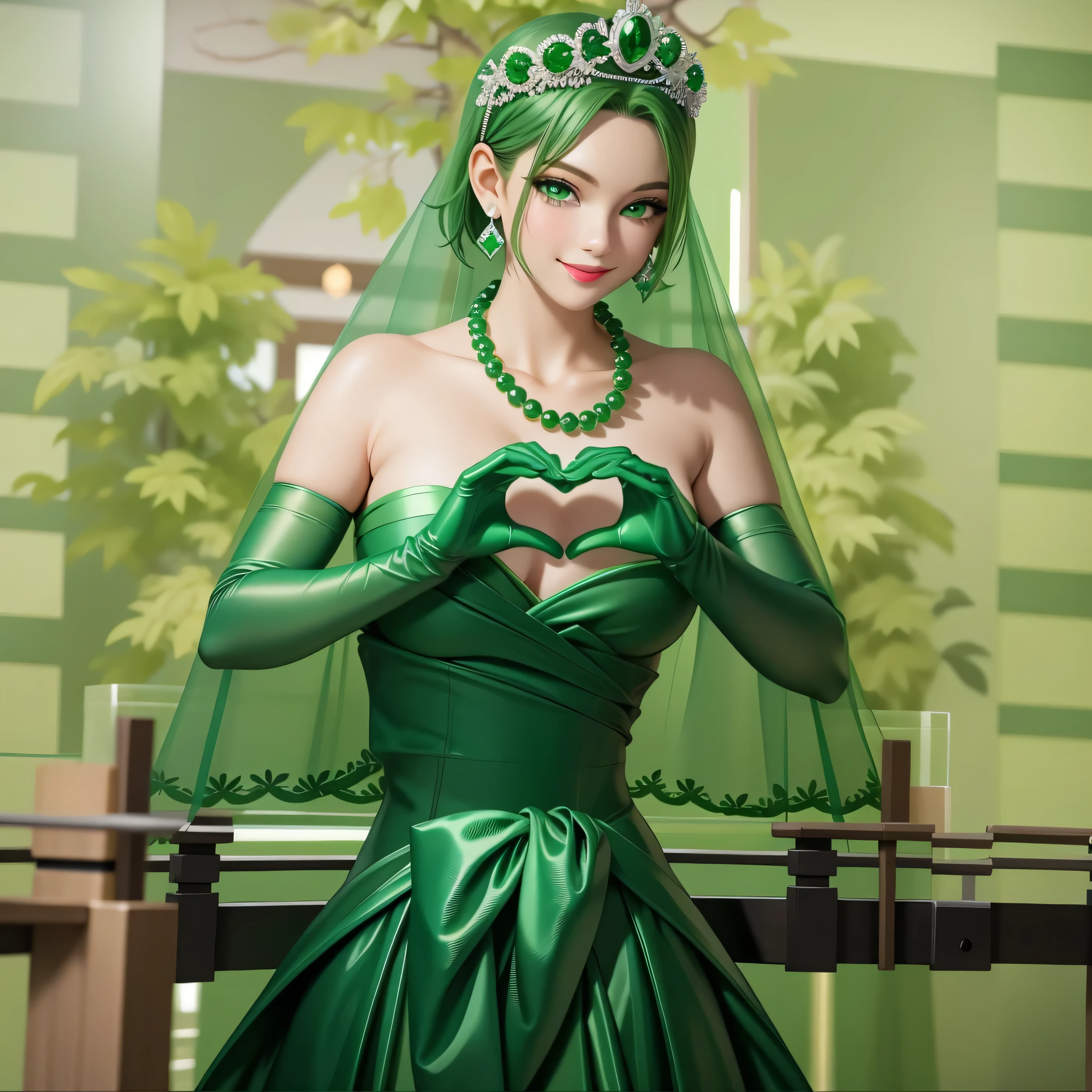 emerald tiara, Green Pearl Necklace, Boyish very short green hair, Green Lips, Smiling Japanese woman, Very short hair, Busty beautiful lady, Green Eyes, Green satin long gloves, Green Eyes, Emerald Earrings, Green veil, Heart with both hands, Green Hair, Beautiful Japanese Woman, Heart shaped hands:1.3, green lip gloss