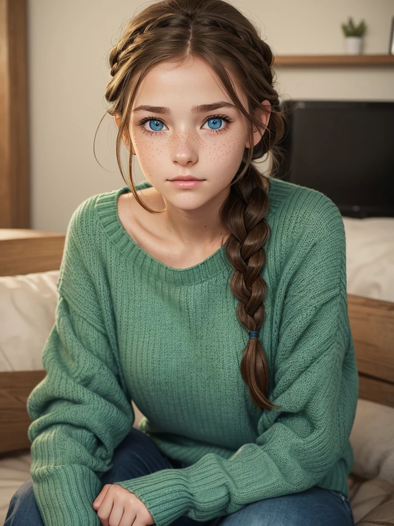 Cute sixteen year old woman with brown hair tied up in a braid, blue eyes, tired and gentle look, freckles on cheeks and long eyelashes, wear a green sweater and jeans. They see her attractive and mature.