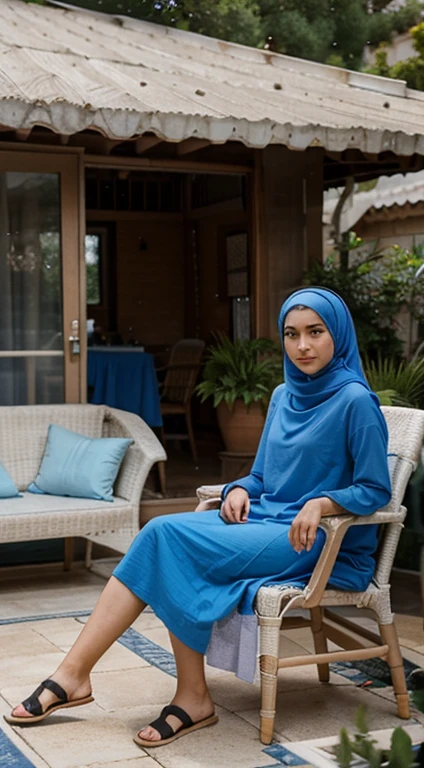 A 20 year old woman wearing a hijab sits on a chair on the terrace of the house wearing a blue dress
