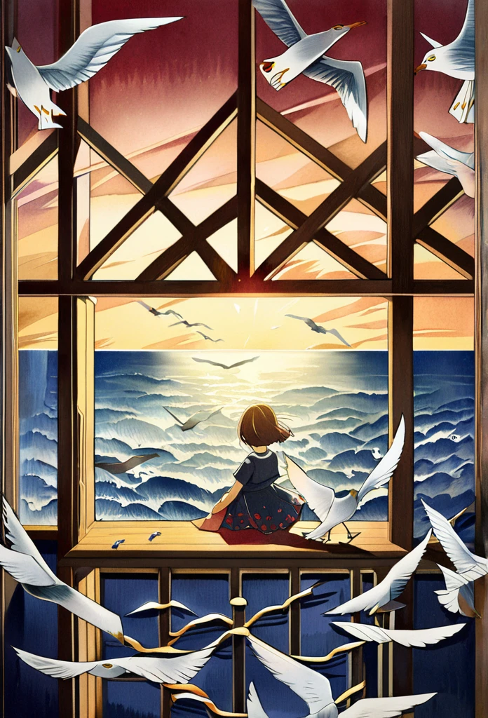 best quality, super fine, 16k, extremely detailed, 2.5D, delicate and dynamic, seagulls gather around a school of small fish at sea, fusion of watercolors and oil paintings, fusion of paper cutting and shadow puppetry, three-dimensional effect expressed by light and shade, eye-catching effects, wind, wind effects