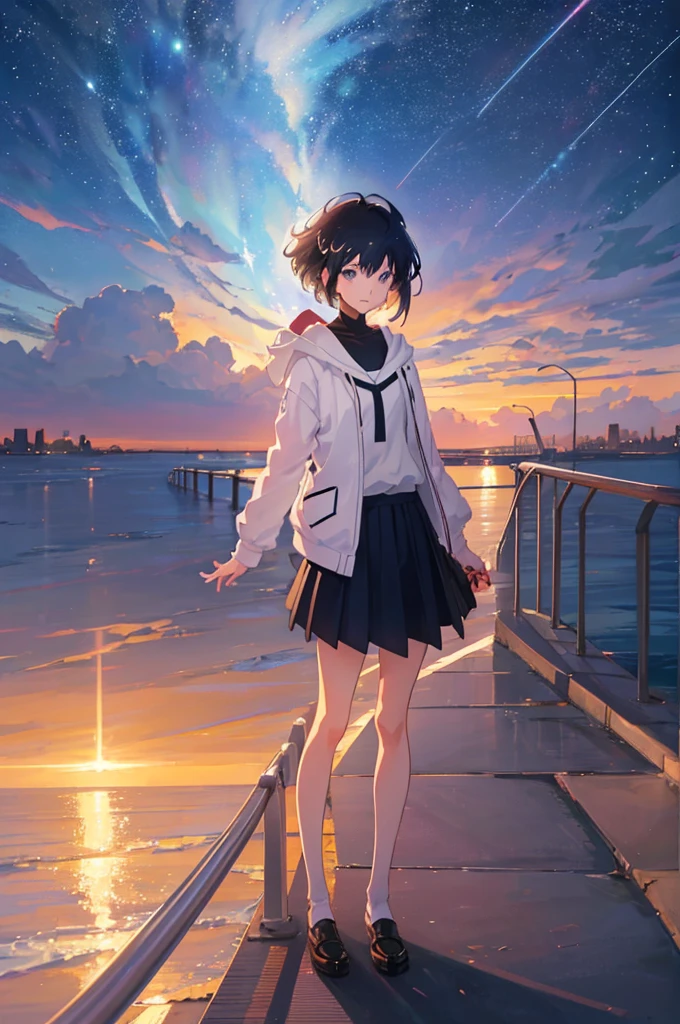 A girl standing on a bridge looking at the night sky, Anime drawings inspired by Makoto Shinkai, CG society hot topic, Sequential Art, anime art wallpaper 4k, anime art wallpaper 4k, anime wallpaper 4k, anime wallpaper 4k, Anime Style 4k, Anime Girl Desktop Backgrounds, Anime Art Wallpapers 8K, 4k anime wallpaper