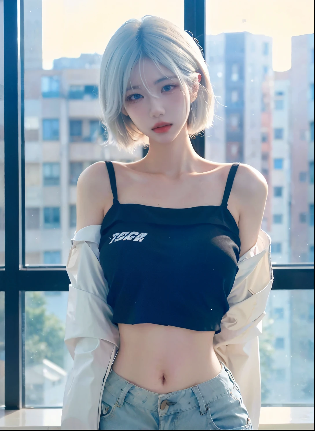 Beautiful woman with perfect figure:1.4,Ultra-high resolution,Seductive laughter,wear glasses,White背景,(lifelike:1.4),Layered Hairstyle,White皮肤,Super short pleated skirt,whole body,Very delicate face and skin texture,Double eyelids,Skin Whitening,Long hair,White hair,White,