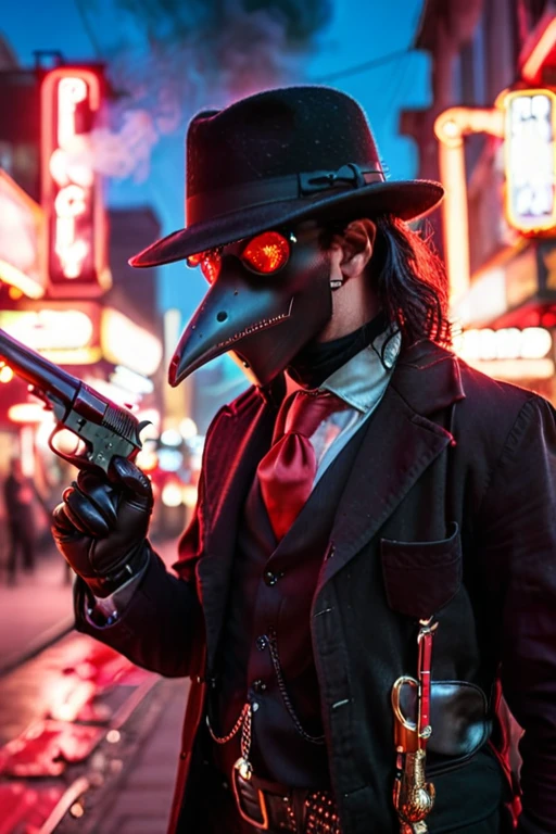 1 Male wearing a black plague doctor mask, wearing a black button-up with a black vest and red tie, leather gloves, wears a black fedora, head is fully covered, mask eyes glowing red, no skin showing, holding a gun in hand, goth, neon city lights, smoke coming from gun, depth of field, side view