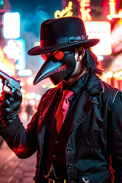 1 Male wearing a black plague doctor mask, wearing a black button-up with a black vest and red tie, leather gloves, wears a black fedora, head is fully covered, mask eyes glowing red, no skin showing, holding a gun in hand, goth, neon city lights, smoke coming from gun, depth of field, side view