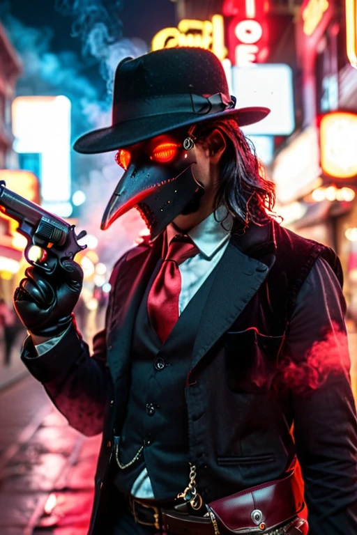 1 Male wearing a black plague doctor mask, wearing a black button-up with a black vest and red tie, leather gloves, wears a black fedora, head is fully covered, mask eyes glowing red, no skin showing, holding a gun in hand, goth, neon city lights, smoke coming from gun, depth of field, side view
