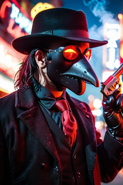 1 Male wearing a black plague doctor mask, wearing a black button-up with a black vest and red tie, leather gloves, wears a black fedora, head is fully covered, mask eyes glowing red, no skin showing, holding a gun in hand, goth, neon city lights, smoke coming from gun, depth of field, side view