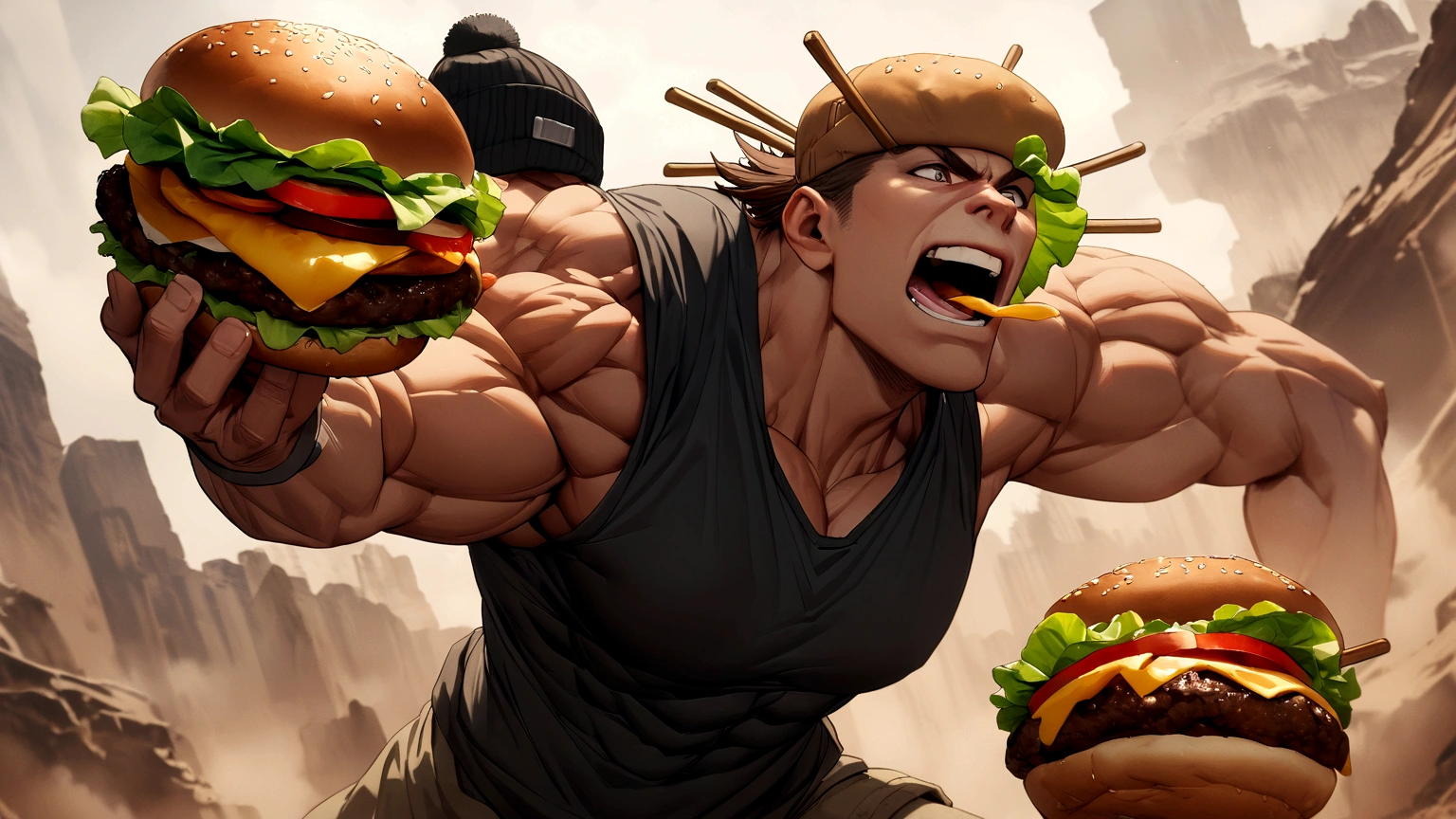 Muscular but not very muscular boy with a black beanie hat and medium brown hair eats a hamburger in a very epic way, hair sticks out of beanie hat, 