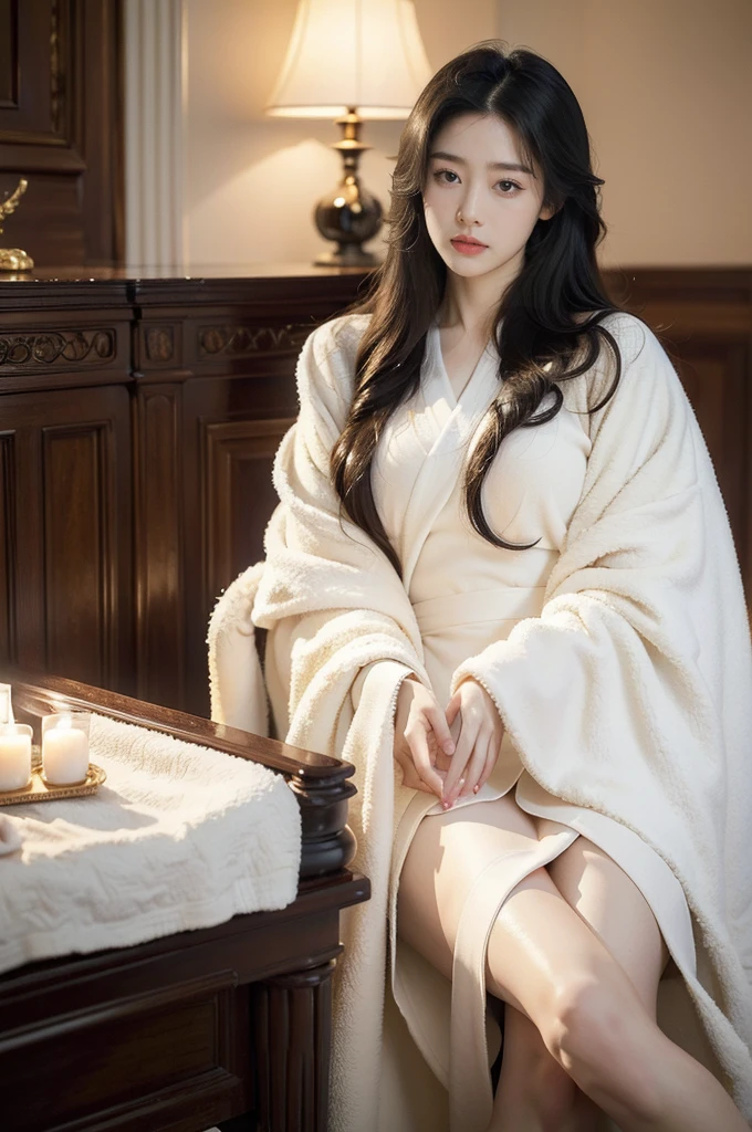(((best quality))), (((ultra detailed))), (((masterpiece))), illustration, 1girl, young, beautiful, female, white bathrobe, dimly lit room, spa setting, expectation, serenity, fair skin, long black hair, bright eyes, delicate beauty, graceful posture, waiting, tranquil atmosphere, subtle aroma, massage bed, nighttime, starry sky