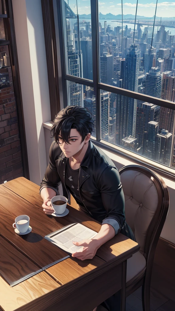 (Extremely detailed CG unified 8k wallpaper),(masterpiece), (best quality), (Super detailed), (Best illustration),(The best shadow), A man,Drink coffee,Stand by the window,black hair,Head to the left, looking out the window at the city,It's dark indoors,The city lights outside the window are bright,silence,White T-shirt,jeans,Half-length photo