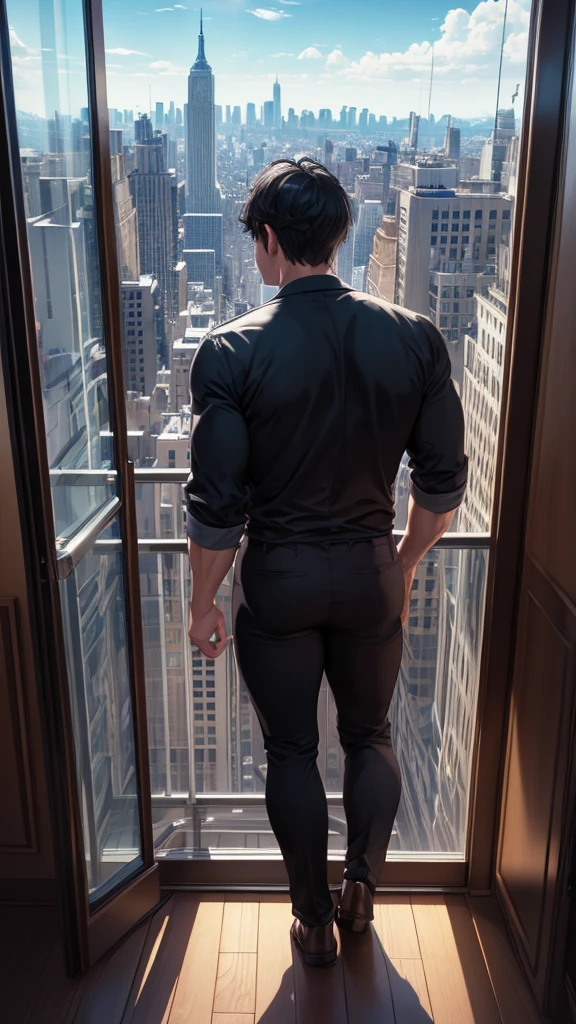 (Extremely detailed CG unified 8k wallpaper),(masterpiece), (best quality), (Super detailed), (Best illustration),(The best shadow), A man，Drink coffee，Stand by the window，black hair，Head to the left, looking out the window at the city，It's dark indoors，The city lights outside the window are bright，silence，White T-shirt，jeans，Half-length photo