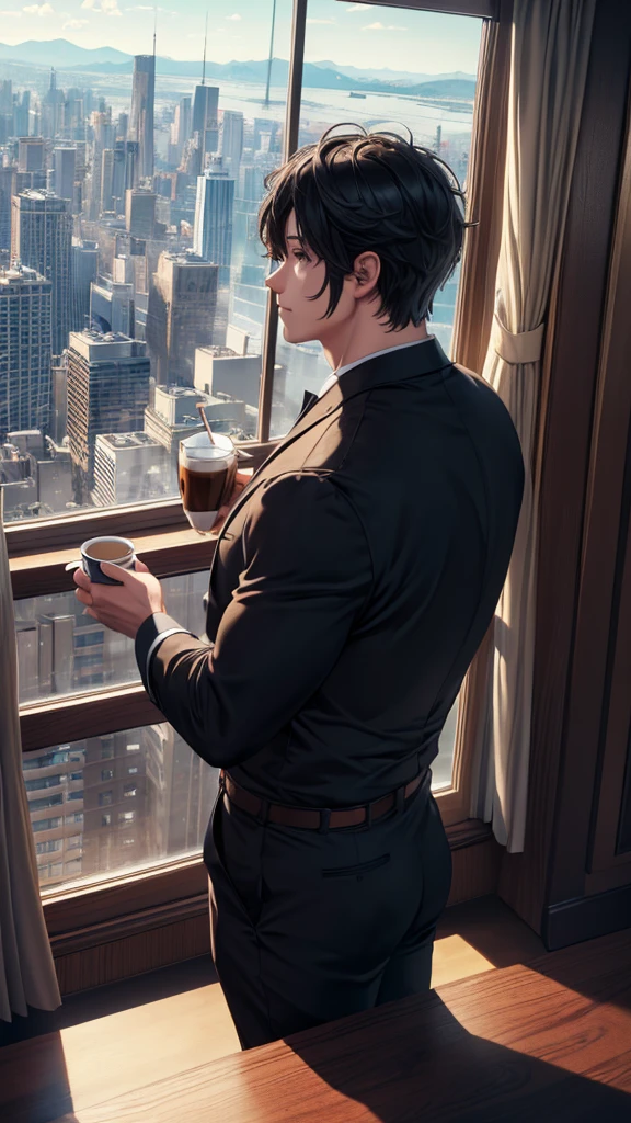 (Extremely detailed CG unified 8k wallpaper),(masterpiece), (best quality), (Super detailed), (Best illustration),(The best shadow), A man，Drink coffee，Stand by the window，black hair，Head to the left, looking out the window at the city，It&#39;s dark indoors，The city lights outside the window are bright，silence，White T-shirt，jeans，Half-length photo