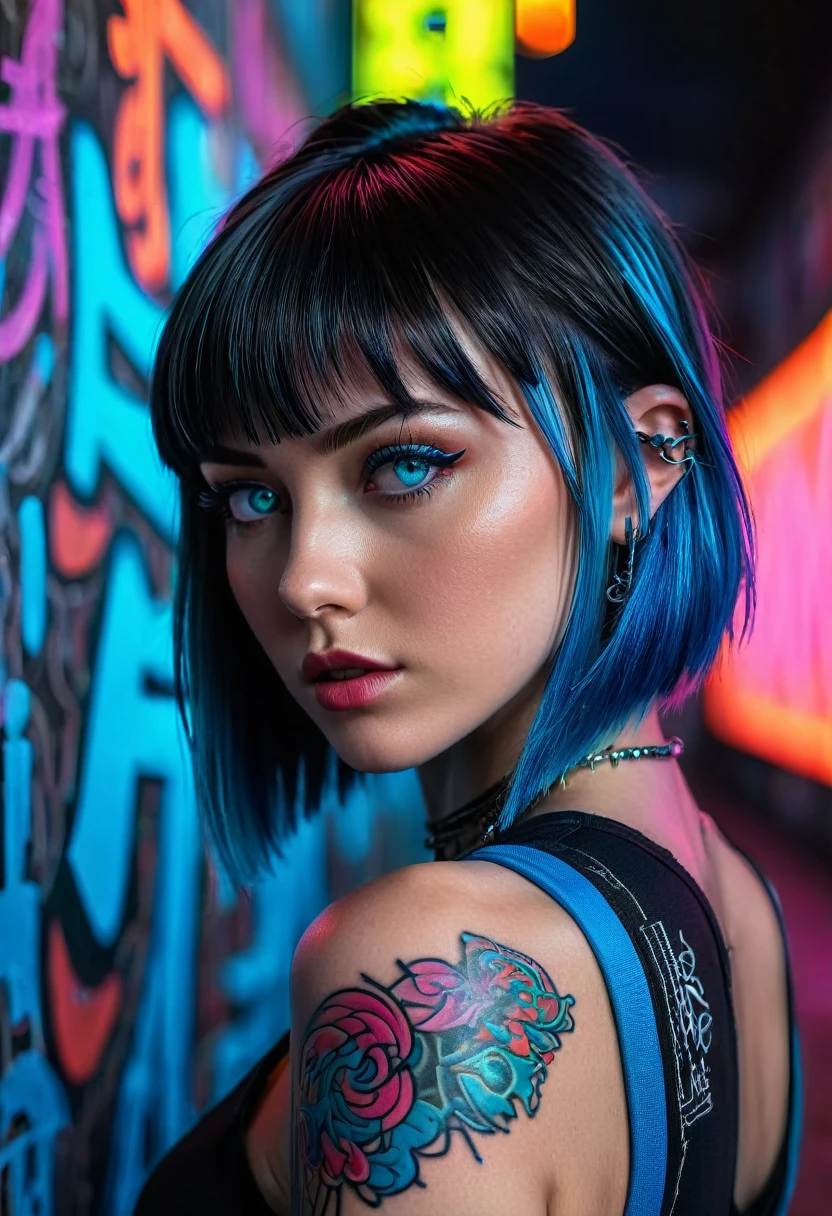 hyper-detailed portrait of a girl, profile, overhead shot, low head, cyberpunk, tattoos, perfect blue eyes, direct gaze, bright colors, very high contrast, side lighting, hair straight half-length hair, straight bangs, hair covers half the face, background with neon graffiti, hyper-realistic, 4K, half body portrait, cinematic, movie still, captured in the style of Sony Alpha A7 III camera