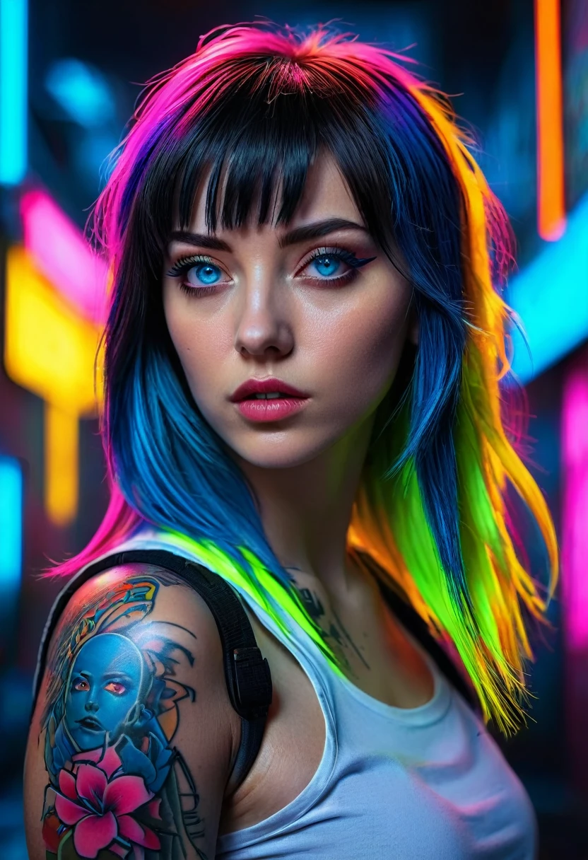 hyper-detailed portrait of a girl, profile, overhead shot, low head, cyberpunk, tattoos, perfect blue eyes, direct gaze, bright colors, very high contrast, side lighting, hair straight half-length hair, straight bangs, hair covers half the face, background with neon graffiti, hyper-realistic, 4K, half body portrait, cinematic, movie still, captured in the style of Sony Alpha A7 III camera