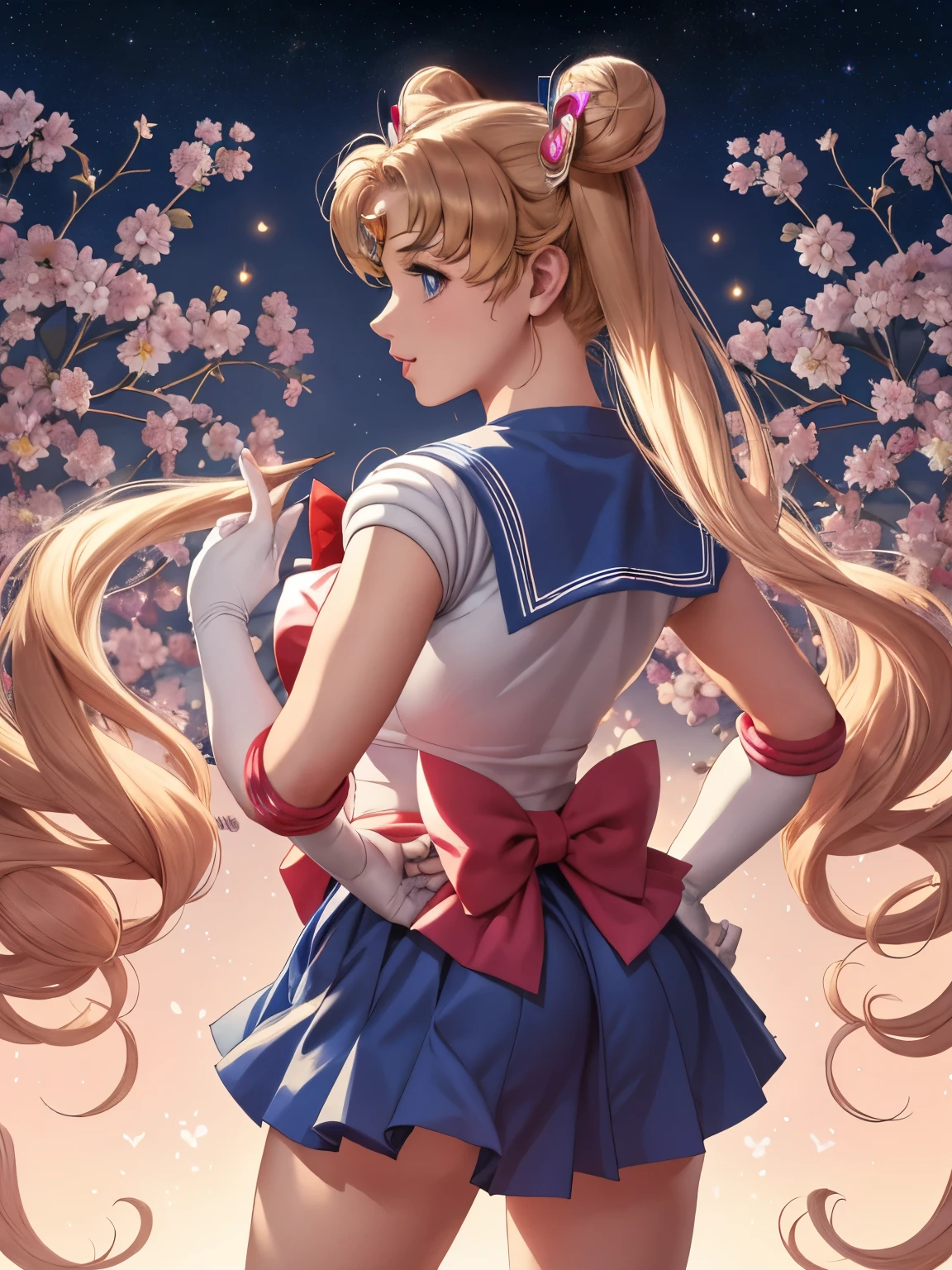 Charlie Bowater sketches realistic lithograph tsukino usagi's portraits, 1girl,solo, flowers, tiara, sailor senshi uniform, sailor collar, blue skirt, jewelry, hairpin, v, bow, hair_bun, brooch, hand on hip, gloves, earrings, magical girl, ribbon, diesel punk, Multicolored ribbons, old paper texture, very detailed, full body shot, back view from below