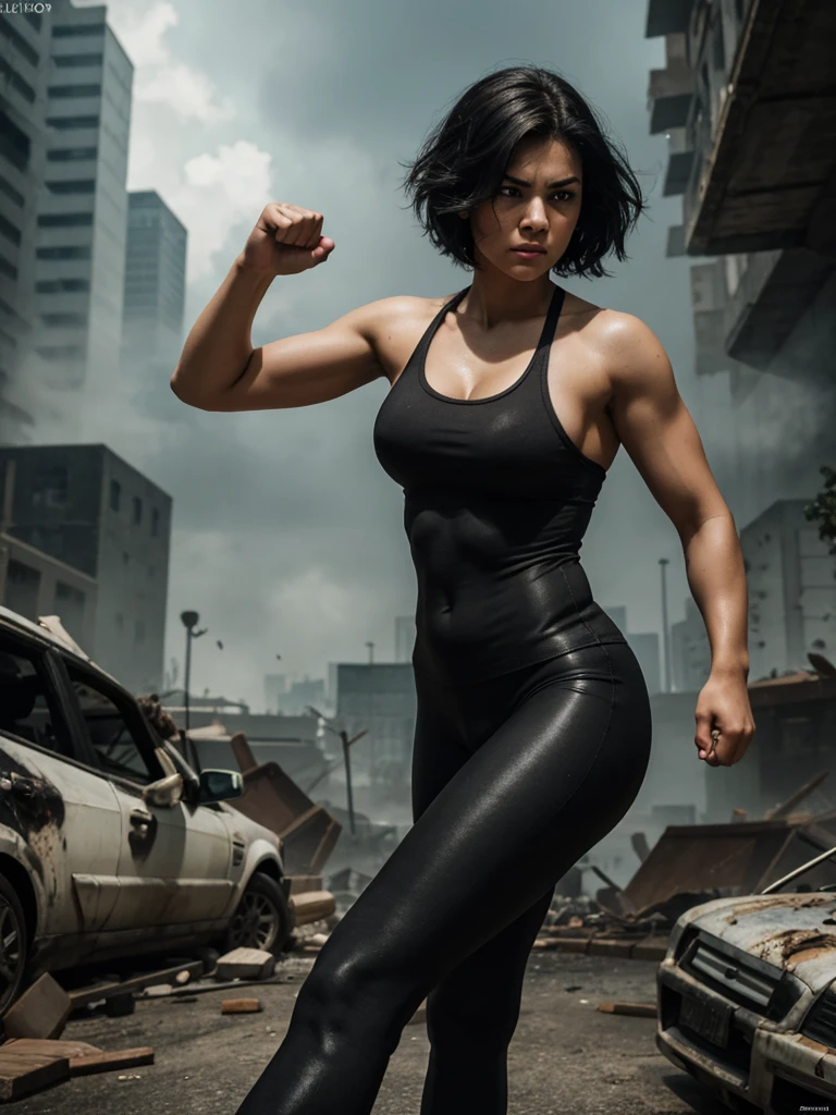 a busty girl with bob-undercut hair in fierce fighting stance,determined expression,oval face,dimples,mole,deep-set eyes,pouty lips,oily skin,muscular body,huge ,legging,black hair,fighting stance,HDR,best quality,4k,8k,highres,masterpiece,ultra-detailed,realistic,photorealistic,photo-realistic,full body portrait,chaotic and thrilling scene,powerful,quality and intensity,background of destruction,blurry and fuzzy,age 17 years old