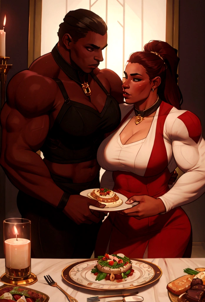 two huge muscle woman romantic dinner