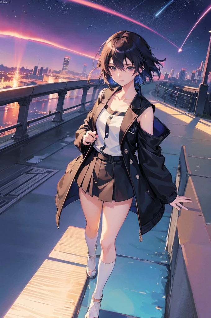 A girl standing on a bridge looking at the night sky, Anime drawings inspired by Makoto Shinkai, CG society hot topic, Sequential Art, anime art wallpaper 4k, anime art wallpaper 4k, anime wallpaper 4k, anime wallpaper 4k, Anime Style 4k, Anime Girl Desktop Backgrounds, Anime Art Wallpapers 8K, 4k anime wallpaper