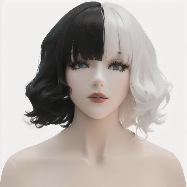 Close-up of a mannequin&#39;s head wearing a black and white wig, black hair and white bangs, black and white, Gray hair black hair, Black and white hair, Two-tone hair, Black and silver curly hair, Shirahime cut hairstyle, black and white color, black and white color only, ( Ivory Black ), black and white colors