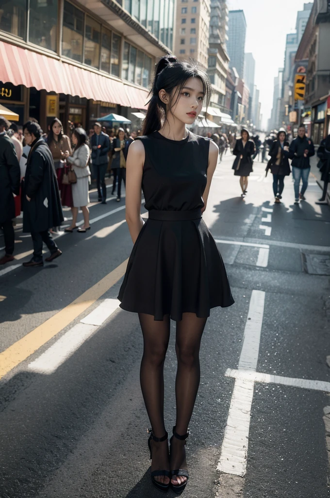 (((best quality))),(((ultra detailed))),(((masterpiece))),illustration,1girl,slim,vibrant cotton dress,short ponytail,flat chest,pantyhose,standing, bustling city streets, honking cars,surrounded by crowded crowds, colorful advertisements,enjoying sights and sounds,(dark black skin:1.5),(day scene:1.3),full body,arms behind back,sunshine,slender legs,sandals,sunshine