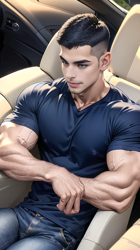(Create a masterpiece: 1.2),(CGI art:1.3),(realistic:1.5),(After processing:1.3),(Sharp focus:1.3), 1 man holds the steering wheel of a car ,(crew cut short hair:1.8),black eye, smile, (Wear color navy round neck T-shirt with a Police badge: 1.3), Navy blue jeans, Korean guy , korean men, (High gloss details), chest muscles, large arm muscles, blood vessel, Big muscles, Broad shoulders, looking at the audience, Balancing the eyes, middle of the road, (drive a car: 1.5), (in the car: 1.3), , middle of the road
