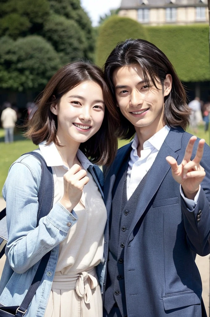 Des amis korean pose pour une photo, un air agréable, il on l'air responsable les uns des autres. Ils sont charismatiques, très bien détaillés, beaux visages, beaux yeux. À côté d'un lycée coréen. Style kdrama. Suspens.