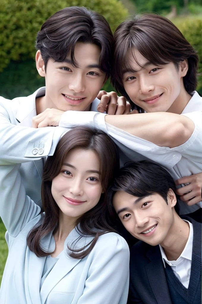 Des amis korean pose pour une photo, un air agréable, il on l'air responsable les uns des autres. Ils sont charismatiques, très bien détaillés, beaux visages, beaux yeux. À côté d'un lycée coréen. Style kdrama. Suspens.