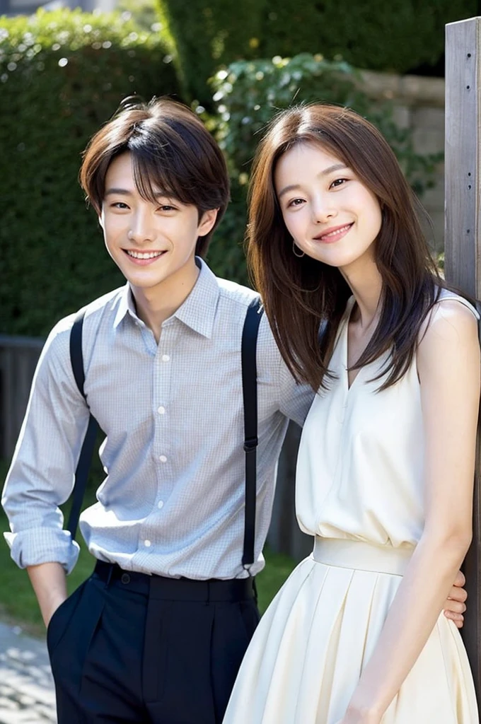 Des amis korean pose pour une photo, un air agréable, il on l'air responsable les uns des autres. Ils sont charismatiques, très bien détaillés, beaux visages, beaux yeux. À côté d'un lycée coréen. Style kdrama. Suspens.